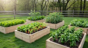 Classic wooden raised garden beds in backyard