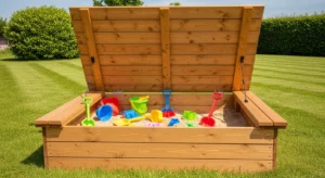 Covered sandbox with seating edges in backyard