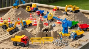 Construction themed sandbox with toy trucks