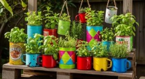 Herb garden in recycled containers like tins and cups