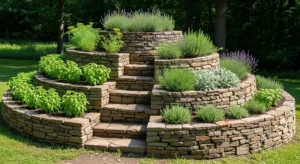 Spiral herb garden with layered planting design
