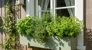 Window box herb garden with fresh greenery