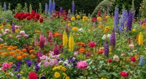 Perennial garden with flowers blooming in different seasons