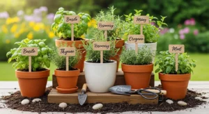 Herb garden with labeled plants for easy identification