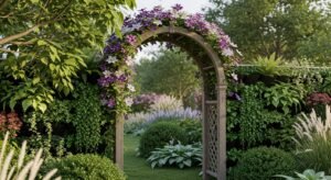Vertical garden with climbing perennial plants on trellis