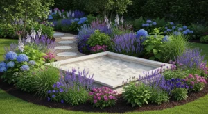 Sandbox with garden border and plants