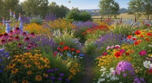 Wildflower-style perennial garden with natural growth