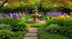 Perennial garden with water fountain and flowers