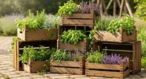 Rustic herb garden using wooden crates