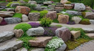 Rock garden with hardy perennial plants and stones