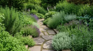 Herb garden planted along a garden pathway
