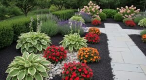 Garden with mulch contrast enhancing perennial plants