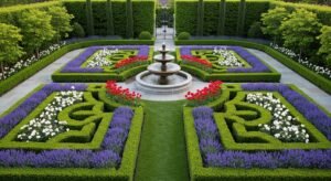 Formal perennial garden with symmetrical plant arrangement