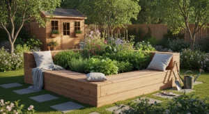 Raised garden bed with built-in seating edges
