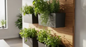 Vertical herb garden wall with multiple plants