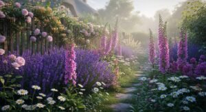 Cottage-style perennial garden with soft flowers and natural layout