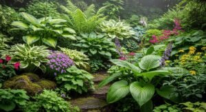 Perennial garden with mixed plant textures and foliage