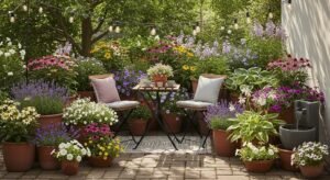 Container garden with perennial plants in pots