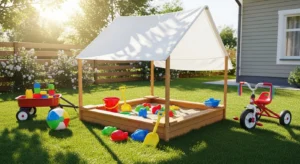 Sandbox with shade canopy for outdoor play