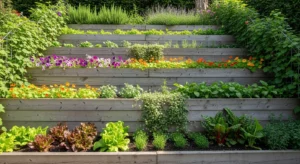 Tiered raised garden beds with layered plants