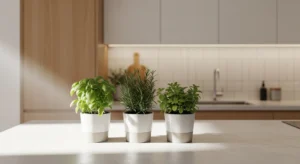 Kitchen counter herb garden with small potted plants