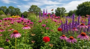Pollinator-friendly garden with butterflies and bees on flowers