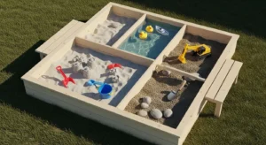 Multi-zone sandbox with sand and water play areas