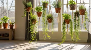 Hanging herb garden with plants in suspended pots