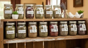 Mason jar herb garden with labeled containers
