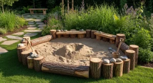 Natural wood log sandbox in garden