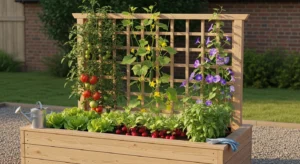 Raised garden bed with trellis for climbing plants