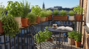 Balcony herb garden with potted plants