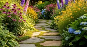 Garden with stone pathway surrounded by perennial flowers