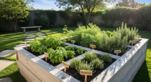 Raised herb garden bed with fresh herbs