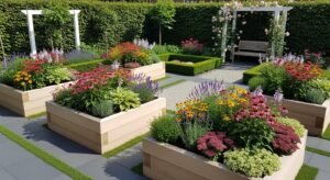 Raised garden beds with colorful perennial flowers