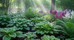 Shade garden with green foliage and perennial plants