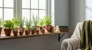 Indoor herb garden shelf with multiple plants