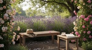 Garden seating area surrounded by flowering perennials