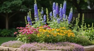 Layered perennial garden with tall and short plants arranged in tiers