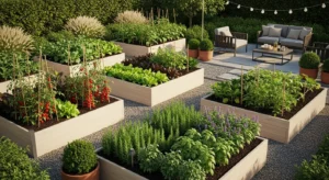 Backyard with raised garden beds and organized planting layout