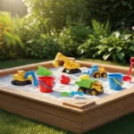 Backyard sandbox play area with toys and seating for kids