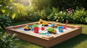 Backyard sandbox play area with toys and seating for kids
