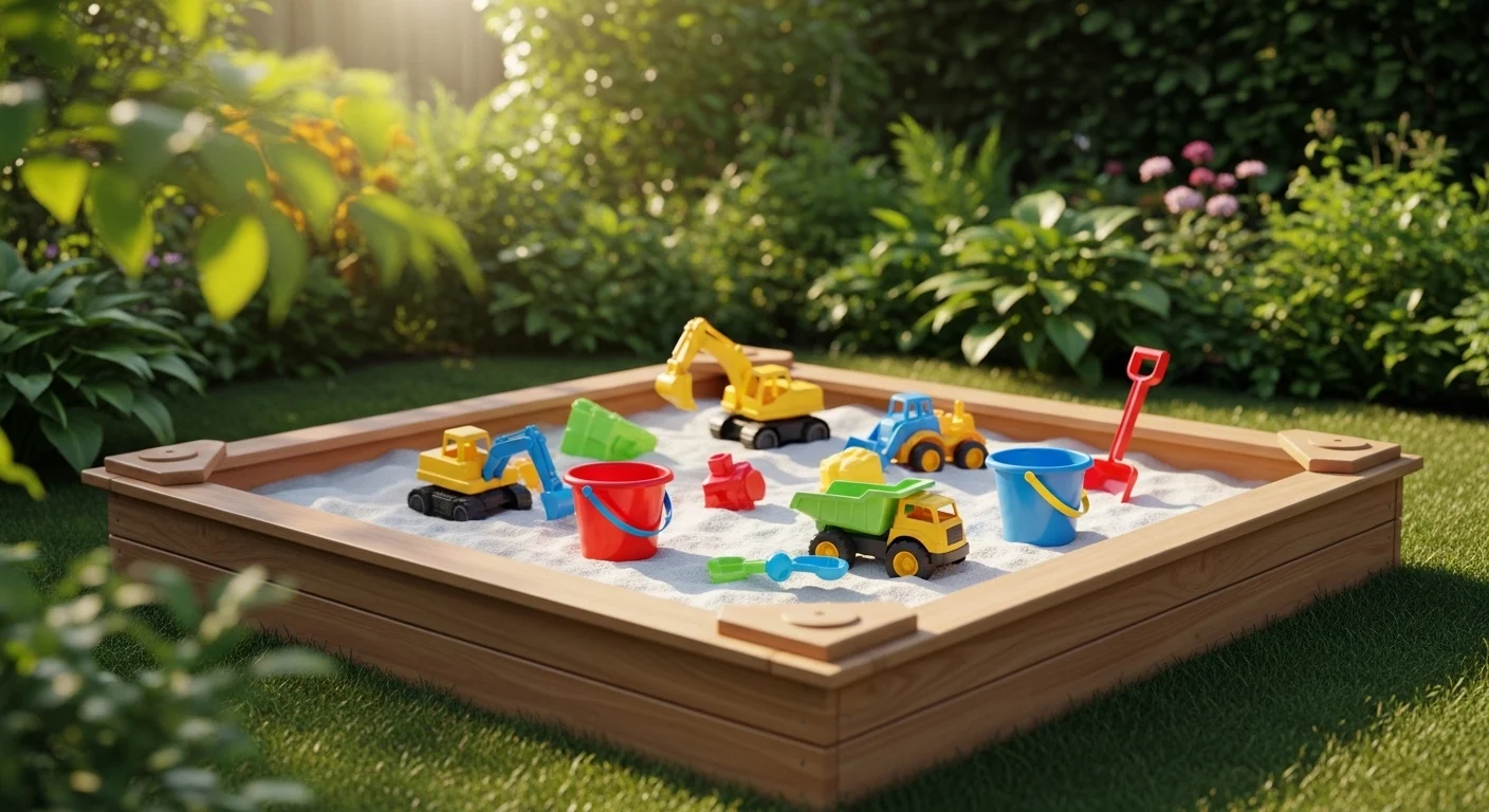Backyard sandbox play area with toys and seating for kids