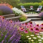 Beautiful backyard perennial garden with colorful flowers and stone pathway