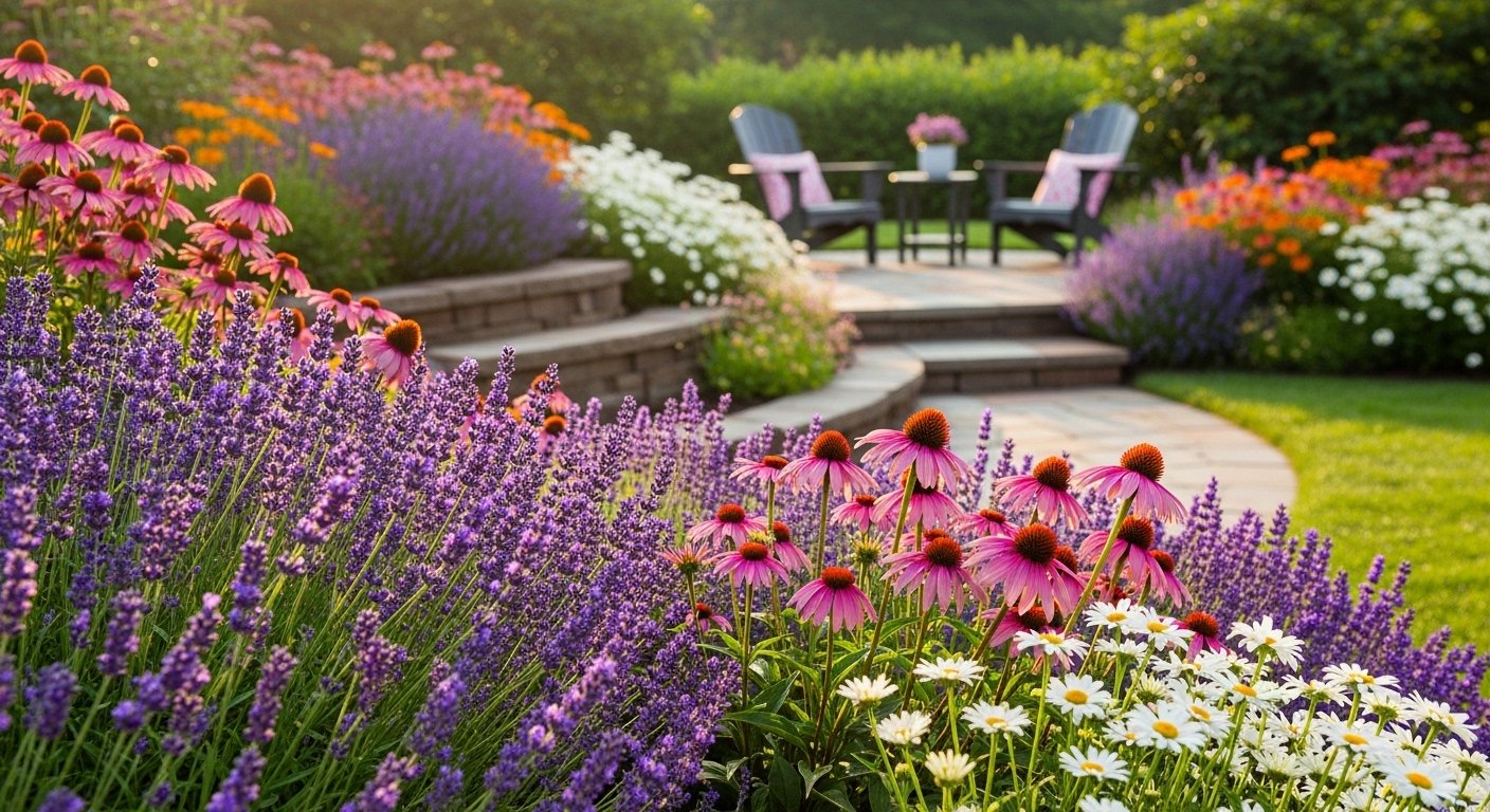 Beautiful backyard perennial garden with colorful flowers and stone pathway