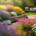 Beautiful backyard perennial garden with colorful flowers and stone pathway