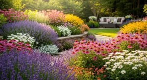 Beautiful backyard perennial garden with colorful flowers and stone pathway