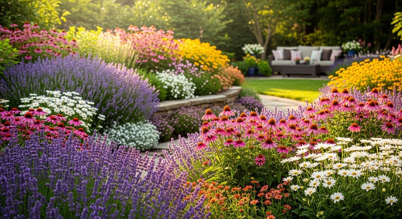 Beautiful backyard perennial garden with colorful flowers and stone pathway