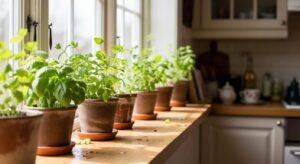 Windowsill herb garden with fresh herbs in small pots