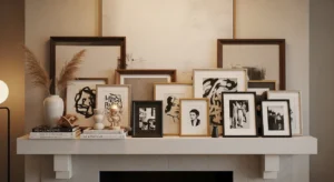 Layered artwork on fireplace mantle